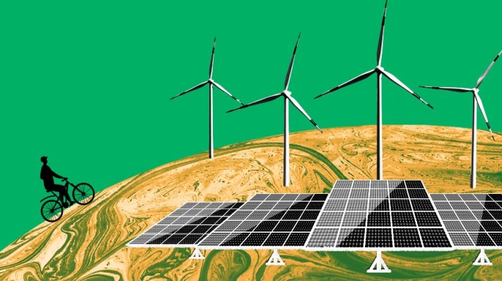 Illustration of solar panels and wind turbines