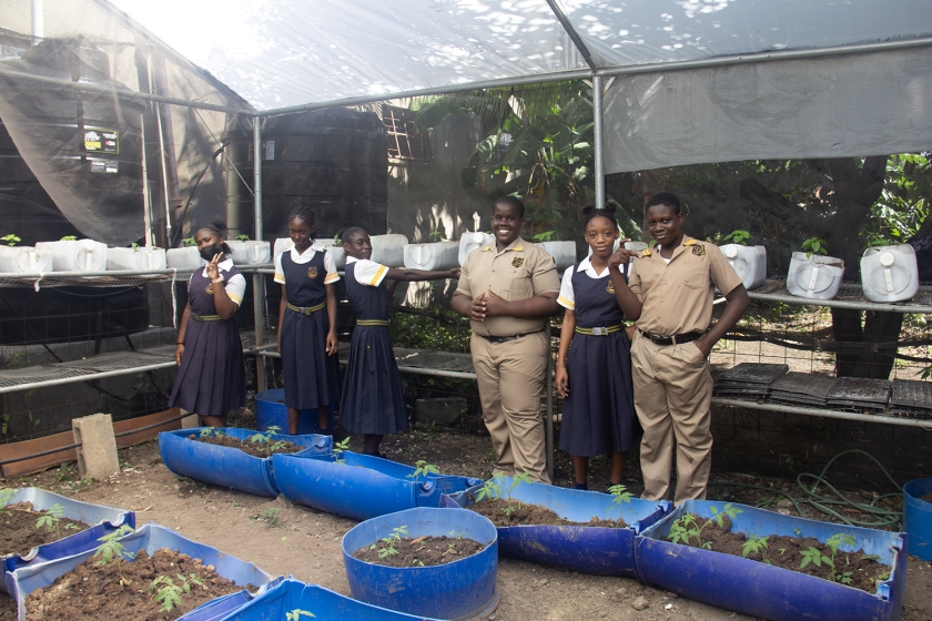 Students standing beside some plants