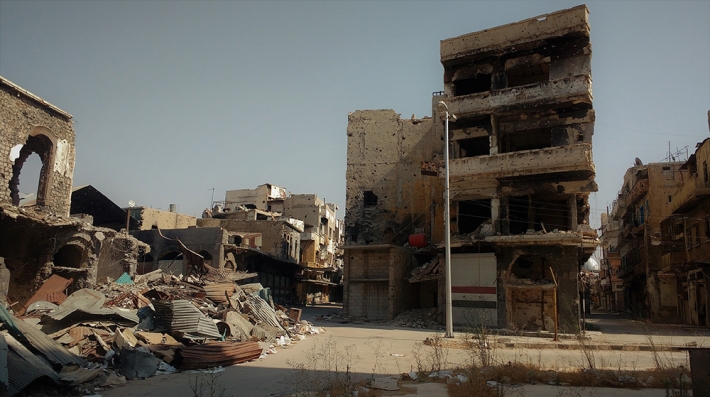 destroyed buildings in the war zone in the city of hims after battle, Syria