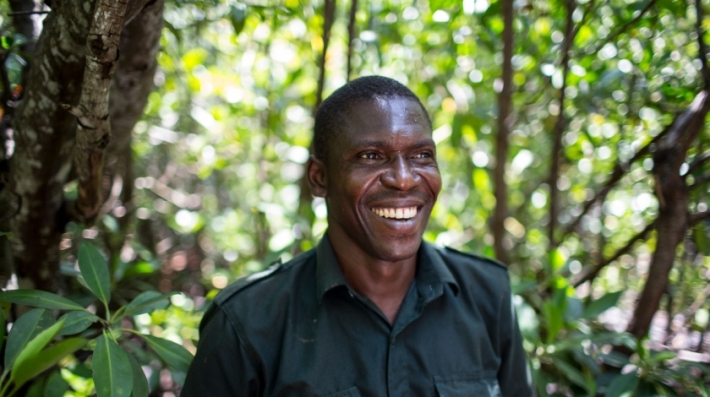 A man poses in a forest