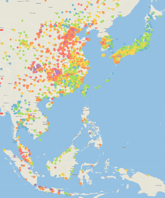 Map showing air pollution exposure in cities in Southeast and East Asia 